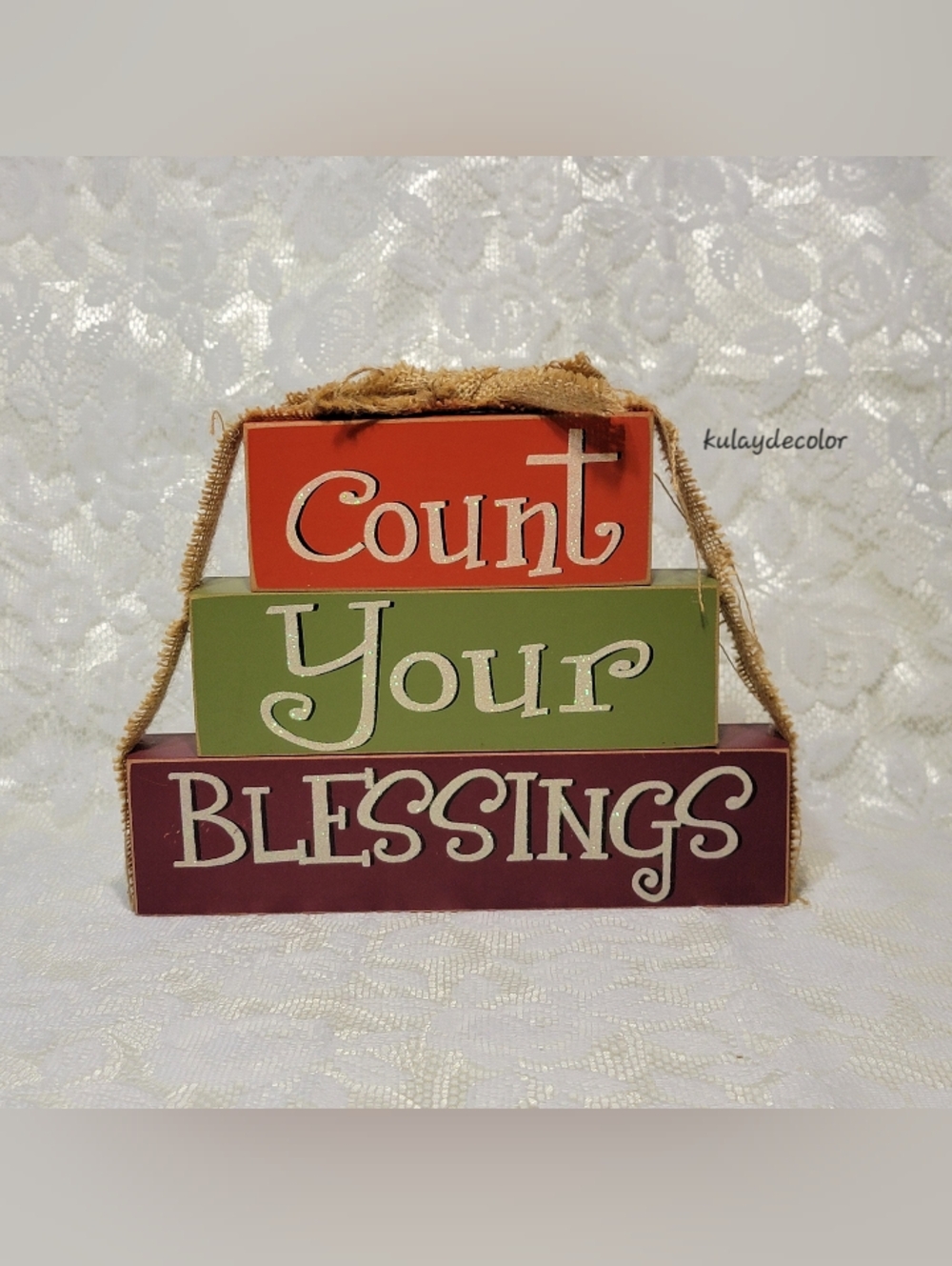 Count Your Blessings Stacked Wooden Tabletop Burlap Fall Thanksgiving Decor